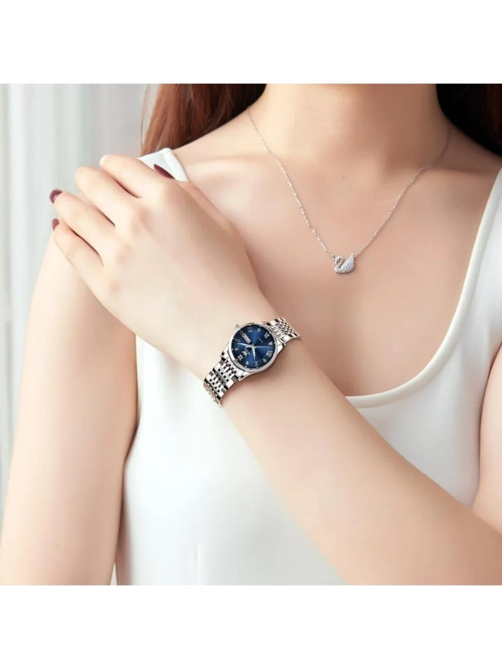 Women's Blue and Silver Analog Quartz Waterproof Stainless Steel Band Watch